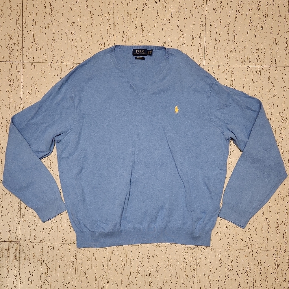 Polo Ralph Lauren Baby Blue V Neck Pima Cotton Knit Pullover Sweater